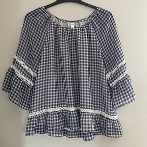 John Paul Richard Babydoll Blouse Size Large Blue & White Shirt Top